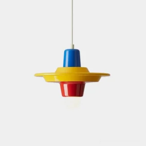 Pop art pendant light with stacked disc silhouette in blue, yellow, and red color blocking, overhead close-up view showing exposed E27 bulb and glossy painted iron finish
