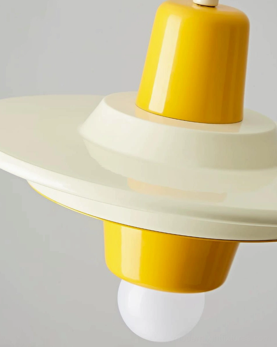 Modern pop art stacked saucer pendant light architectural detail, glossy spray-painted iron finish and compact seven-inch diameter