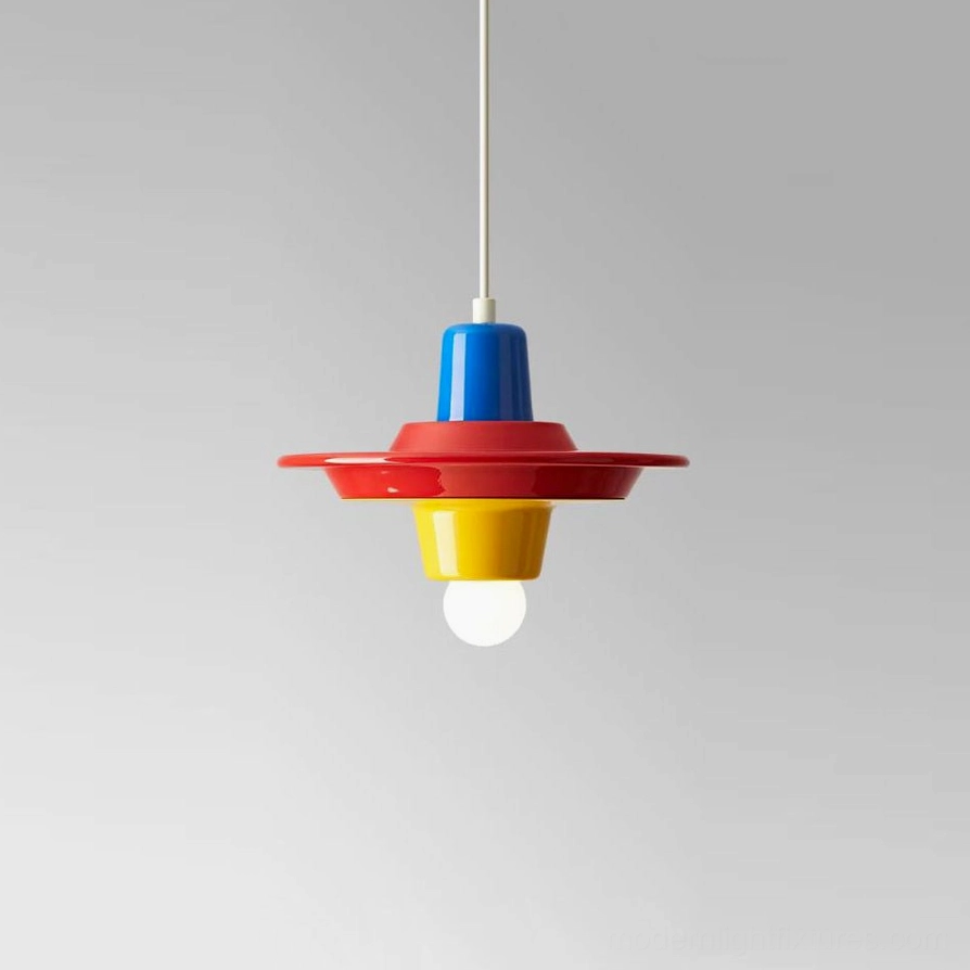 Blue, red, yellow stacked disc pendant with different color stacking order, side view showing mid-century modern pendant design