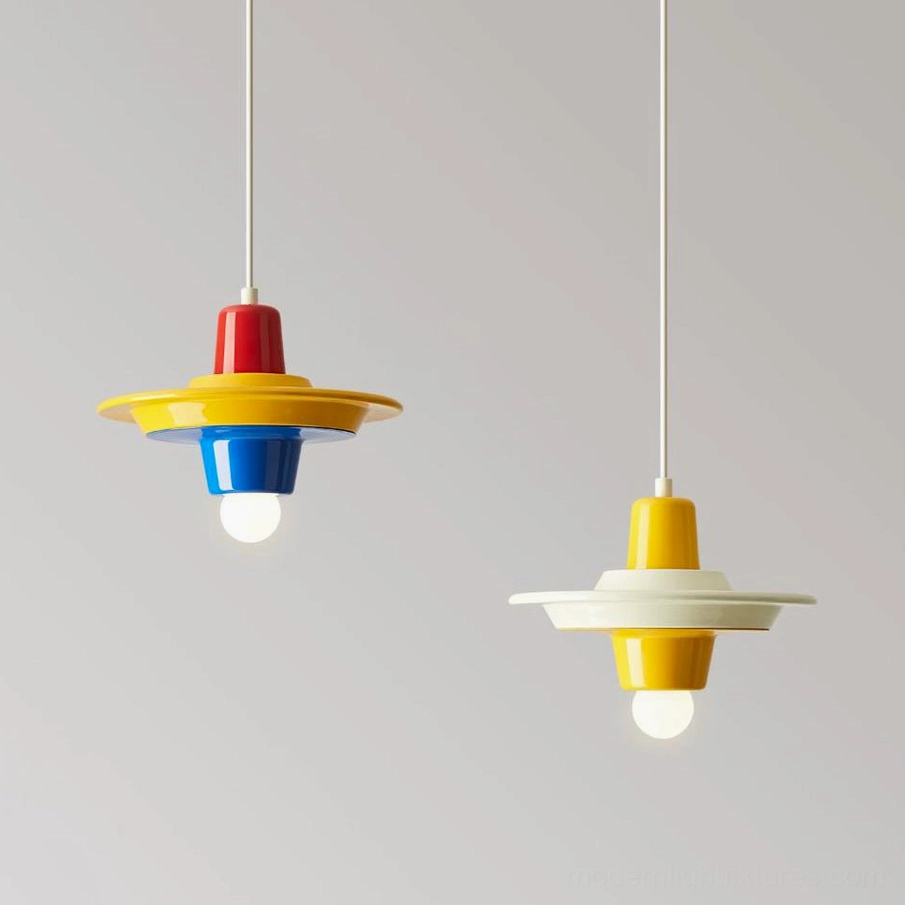 Pop art pendant light with exposed E27 LED bulb visible from below, showing direct downlight casting and warm ambient glow