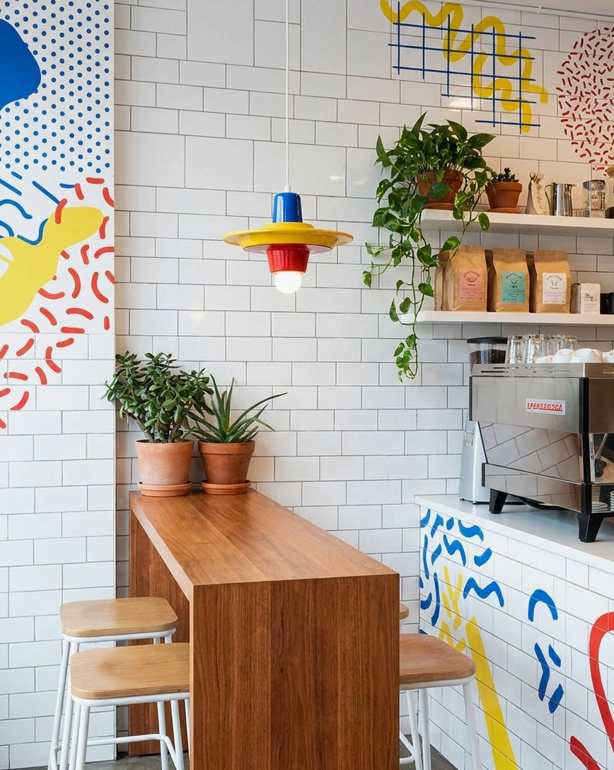 Pop art pendant light with bold blue, yellow, red stacking hanging in trendy cafe counter area, side view showing color pop against white tile