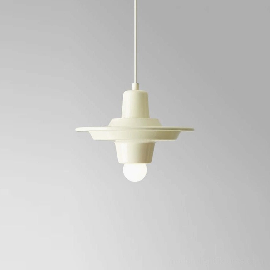 All-cream neutral painted metal pop art pendant light, serene beige tone stacked disc shape in Scandinavian minimalist room