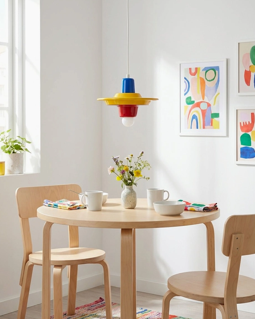 Modern pop art pendant light hanging in small home dining nook, blue, yellow, red color blocking with abstract wall art coordination