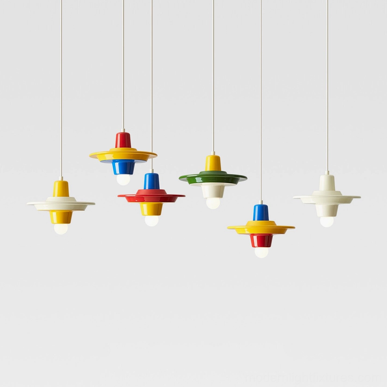 Collection of six color variants of modern pop pendant lights hanging in row, showing all available colorways including primary stacks and cream options