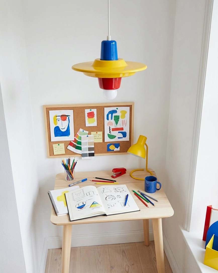 Pop art painted metal pendant light with blue, yellow, red stacking in contemporary home study workspace, side view showing lighting effect