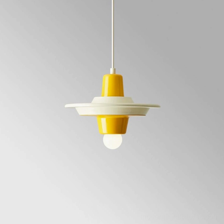 Yellow and beige two-tone stacked saucer pendant light, soft color blocking creating warm modern aesthetic in interior space