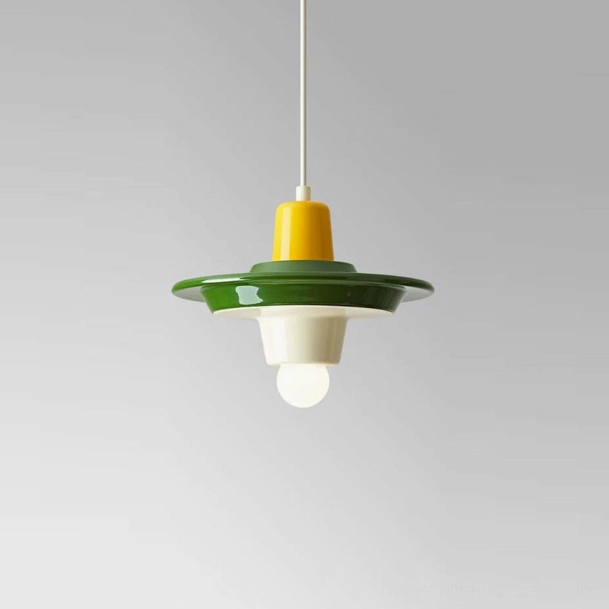 Yellow and green cream stacked disc pendant light, three-tone color blocking showing nature-inspired pop art aesthetic