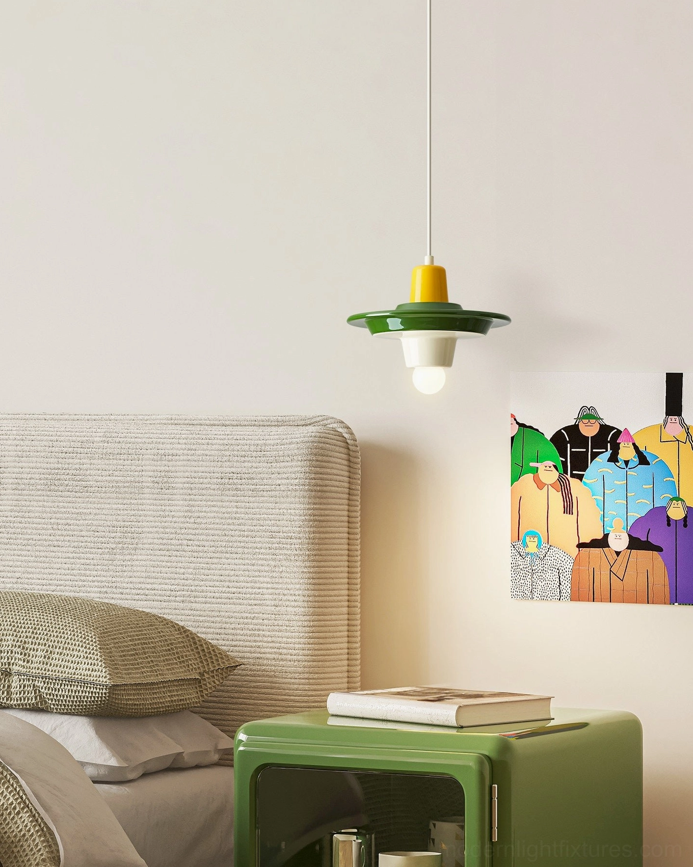 Yellow and cream stacked disc pendant light hanging in contemporary interior, two-tone color blocking showing softer pop art aesthetic
