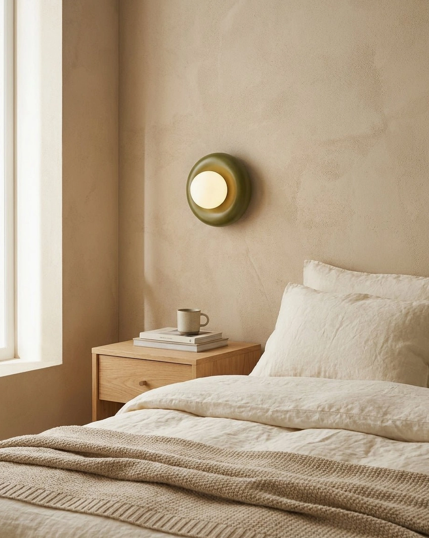 Pop wall sconce brass tone finish detail, resin body with opal white glass sphere, contemporary lighting fixture
