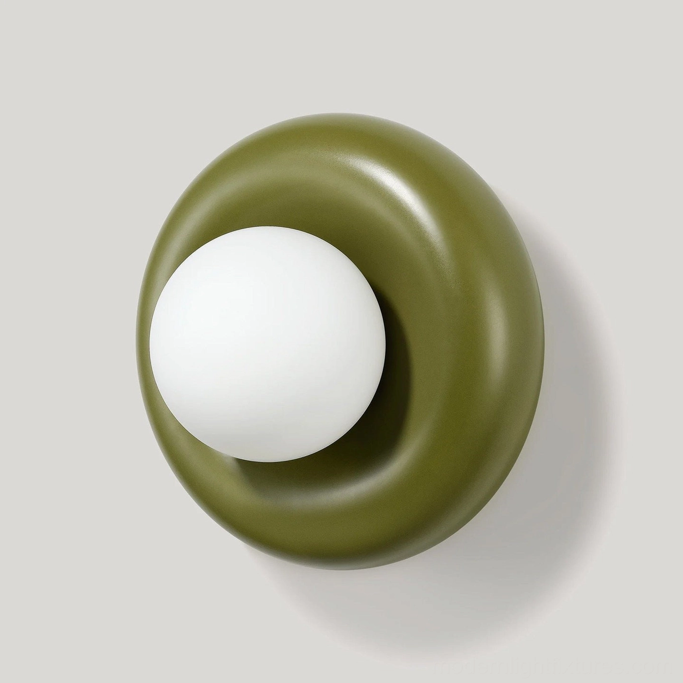 Olive green Pop wall sconce resin torus ring with white opal globe, front studio product view