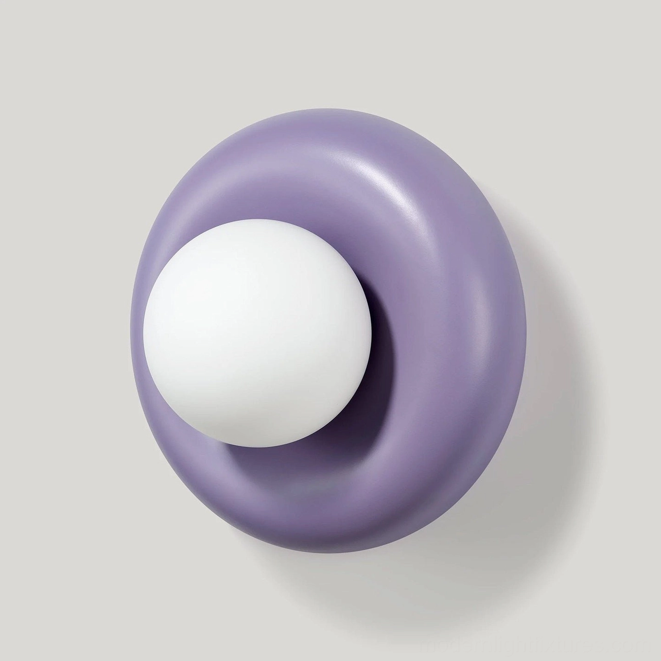 Purple lavender Pop wall sconce mounted on wall, soft diffused warm white LED glow, modern interior lighting