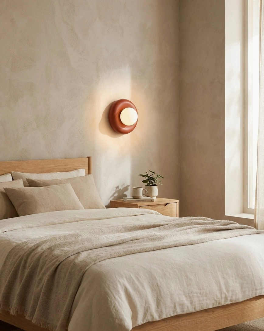 Terracotta Pop wall sconce beside bed in minimalist wabi-sabi bedroom, warm white diffused light