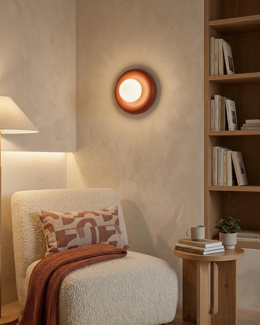 Pop wall sconce terracotta resin donut with opal glass in cozy lounge reading nook, ambient lighting design