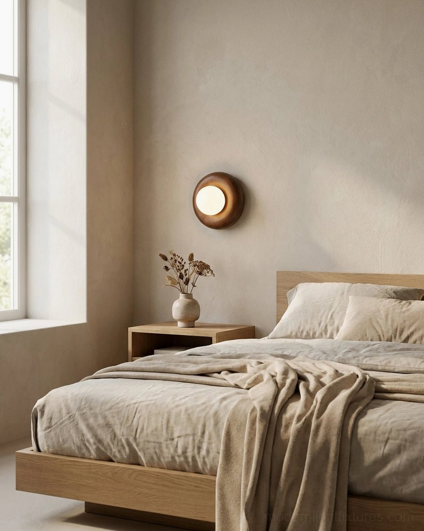 Pop wall sconce with dark walnut resin finish glowing warm light in cozy bedroom, bedside ambient lighting