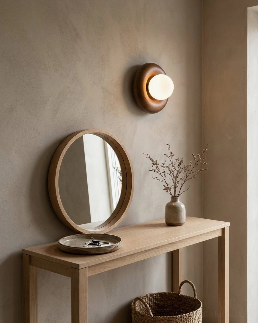 Walnut wood-tone Pop wall sconce mounted on entryway console table, side angle view with warm interior lighting