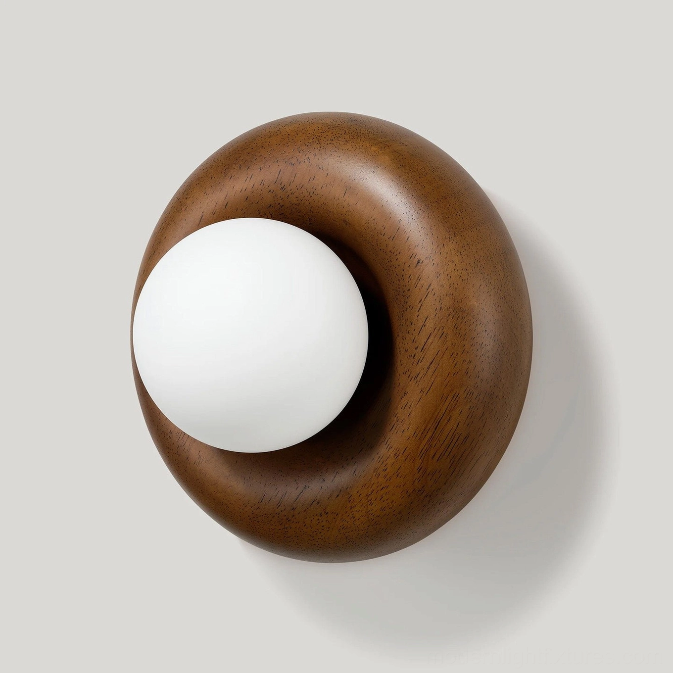 Walnut wood-tone Pop wall sconce resin donut body with opal glass, mid-century modern wall lighting