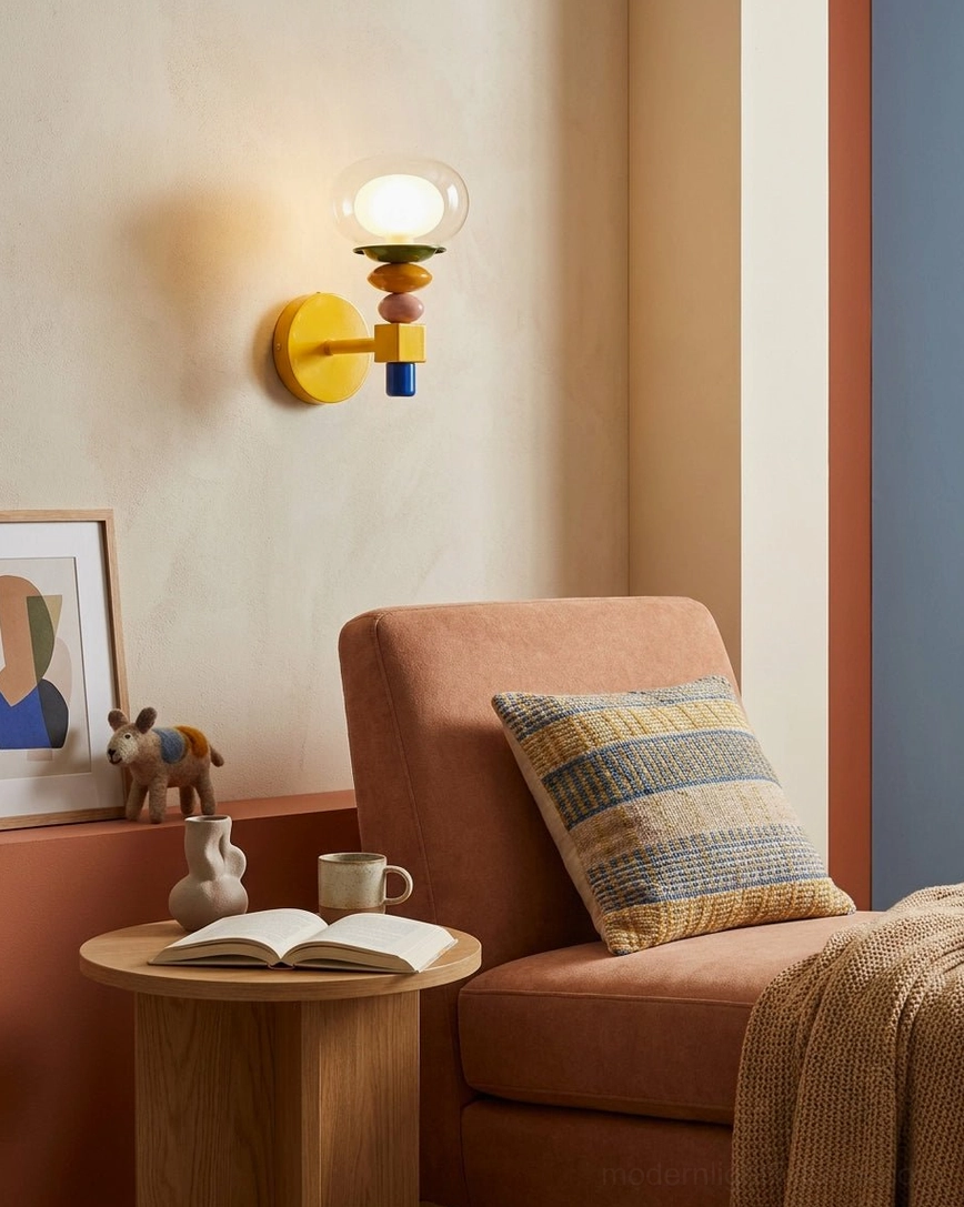 Popella sconce as decorative accent in contemporary living room lounge beside upholstered armchair