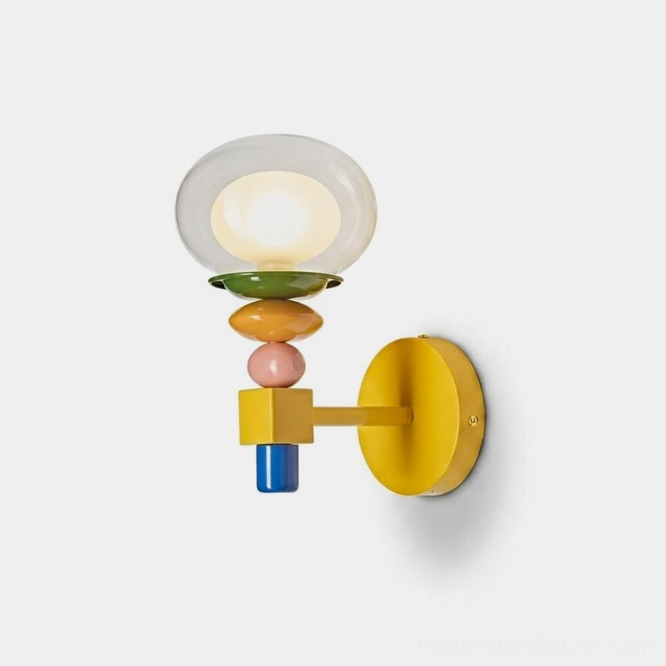 Popella colorful Memphis wall sconce with stacked beads and clear glass globe, front three-quarter studio view