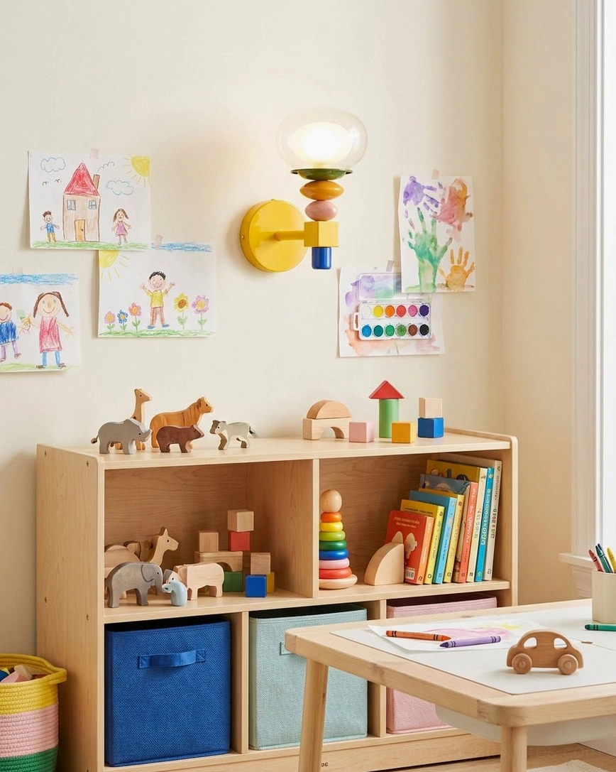 Popella sconce installed in playroom above toy storage shelf with children's artwork on wall