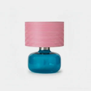 Popello modern colorful glass table lamp front studio view with blue glass base and striped white fabric shade