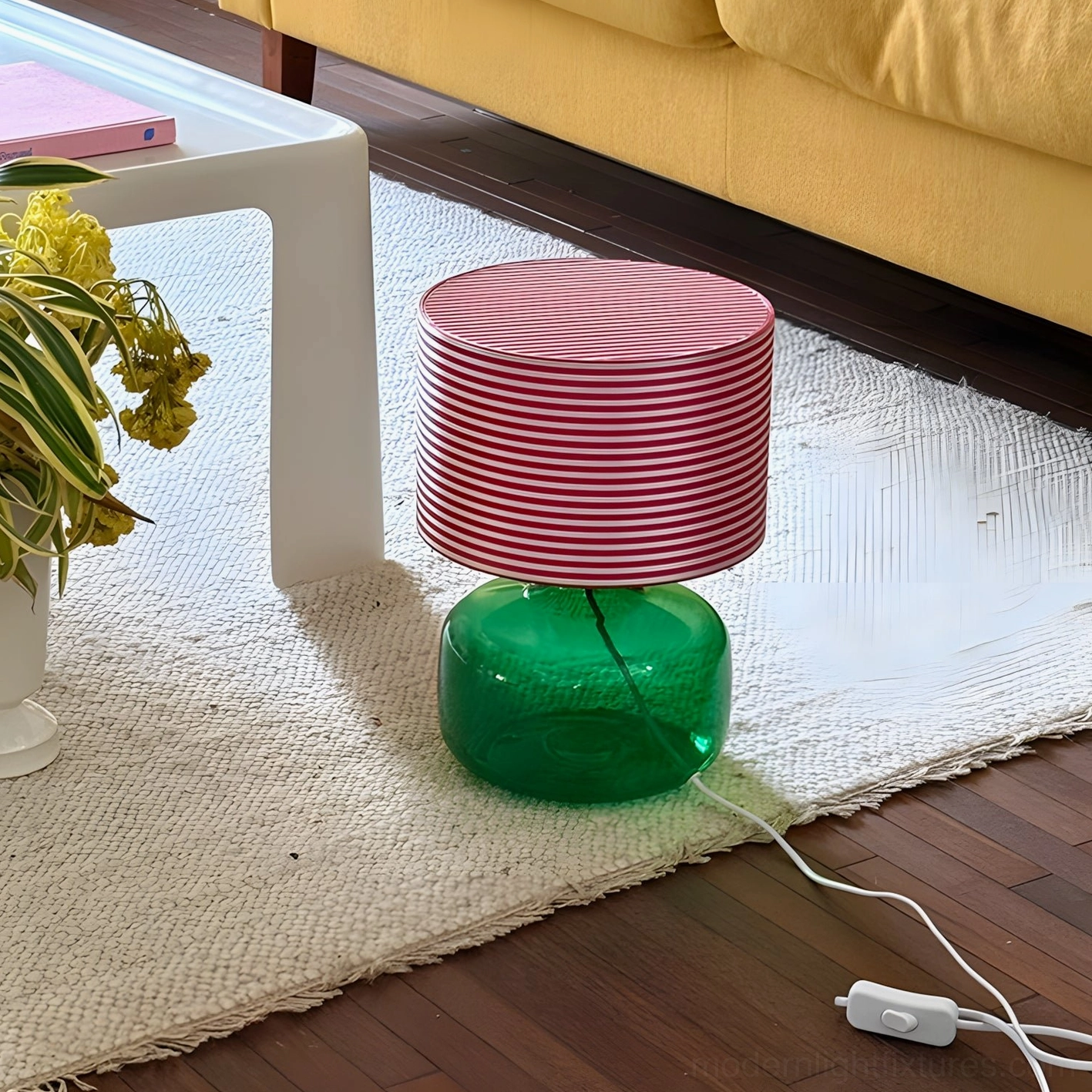 Popello green glass table lamp living room sofa striped pink-white shade botanical setting