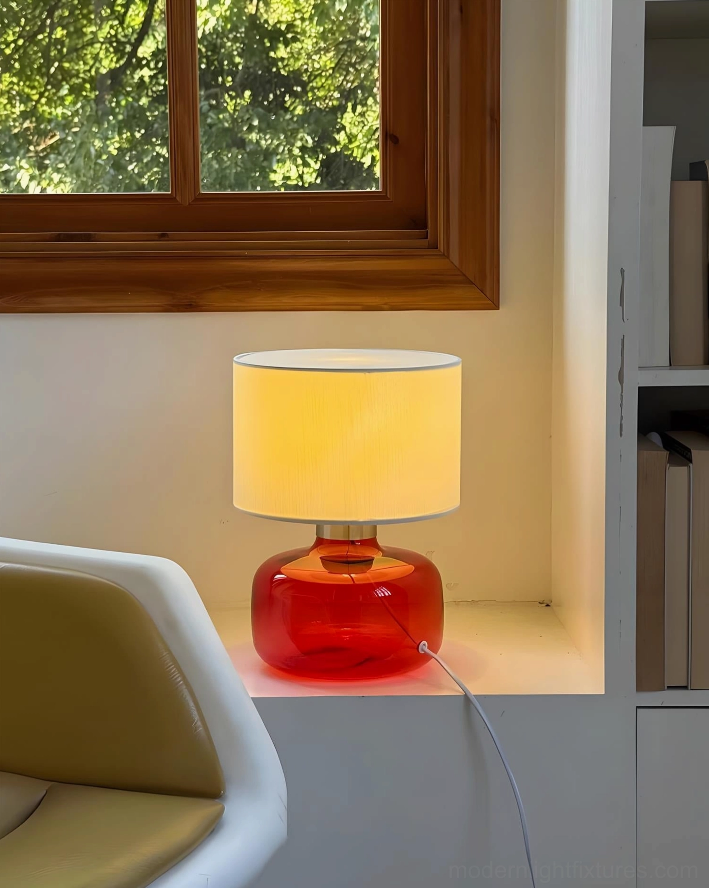 Popello colorful glass table lamp detail shot metal accents fabric shade junction