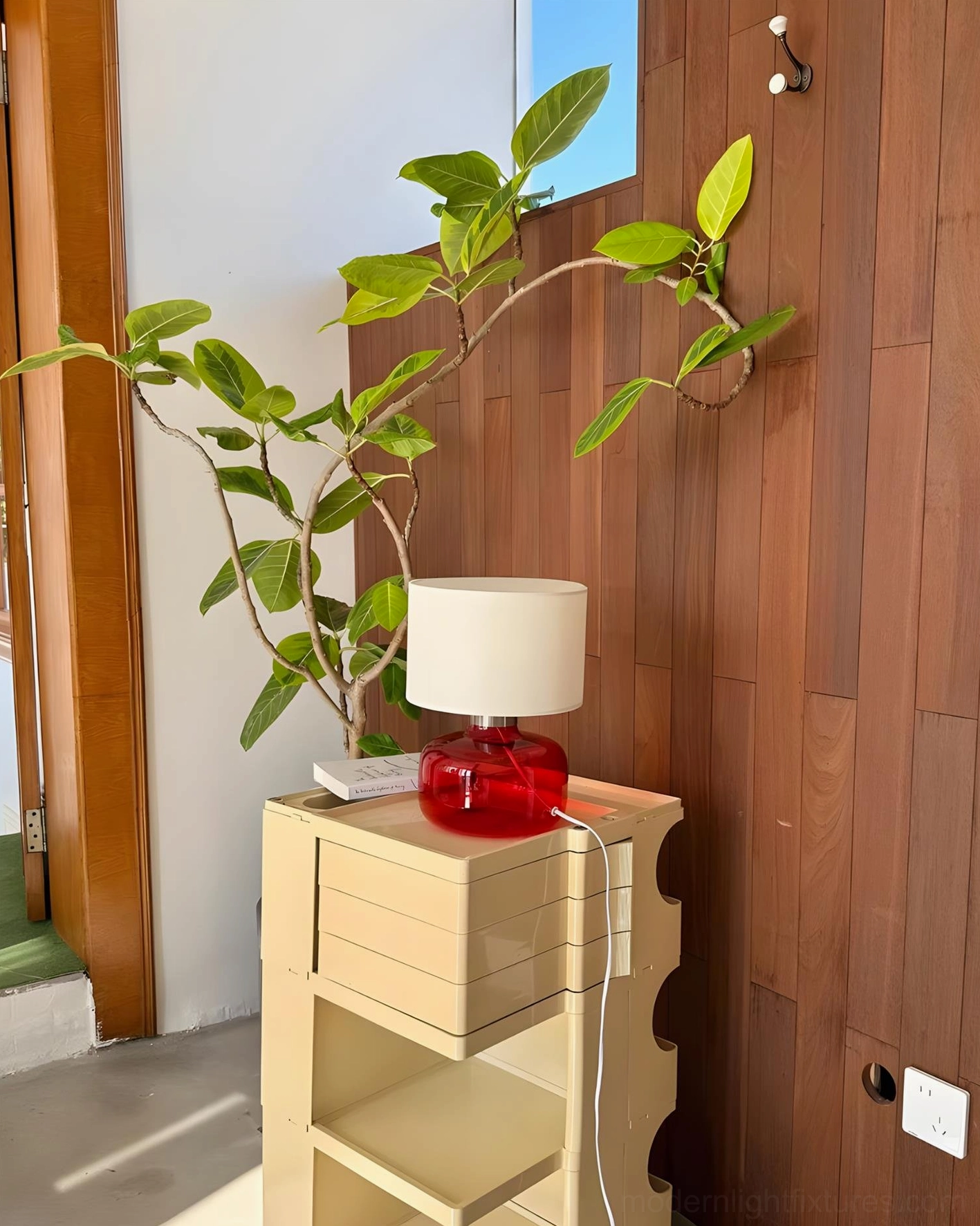Popello red glass table lamp entryway wooden wall beige cabinet off-white fabric shade