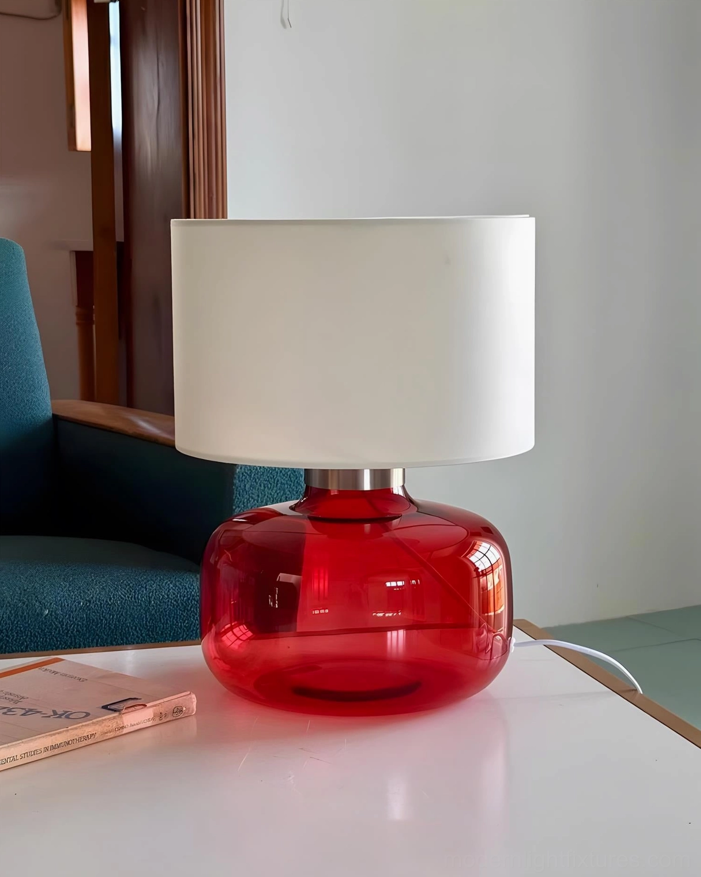 Popello red glass modern table lamp minimalist living room nightstand solid white shade