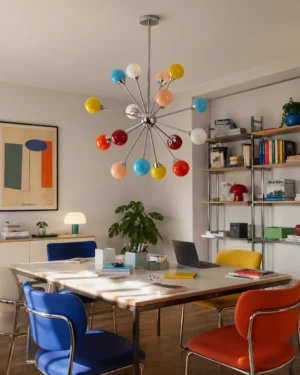 Overhead view of Poplune mid-century modern chandelier illuminated in contemporary dining area with warm home decor