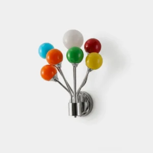 Poplune multicolor glass wall sconce with seven frosted glass globes and polished chrome branching arms, studio frontal view