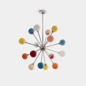 Poplune multicolor sputnik chandelier with chrome frame and vibrant glass globe shades in blue, yellow, coral, red, blush and white - front studio view