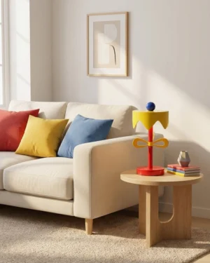 Poppette sculptural accent lamp on wooden side table in modern minimalist living room next to sofa