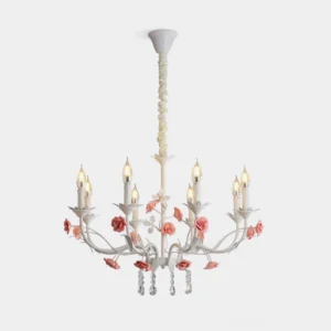 Elegant hand-crafted porcelain rose chandelier with crystal pendants displayed in studio setting, showing full front view with white metal frame and blush pink floral details