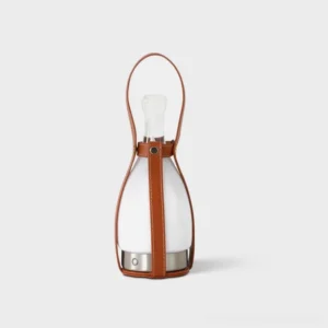 Portable LED table lamp with genuine brown leather carrying strap, brushed silver metal base, frosted glass bell shade, minimalist Nordic design for modern home lighting