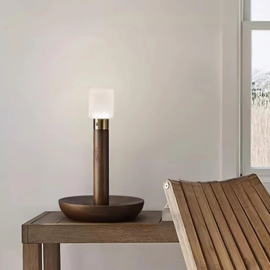 Portable LED wooden table lamp styled on console table with accessories contemporary minimalist home decor