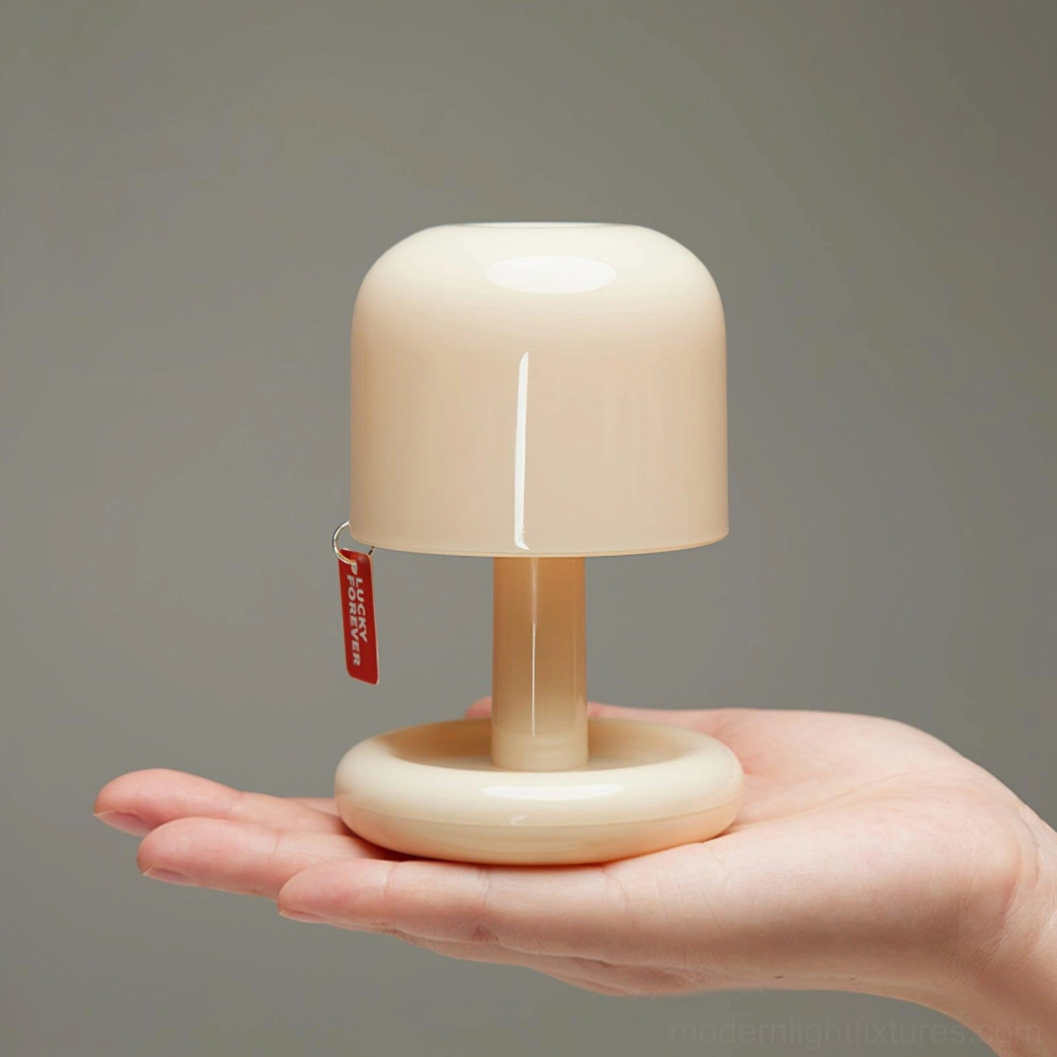 Rechargeable Mini Mushroom Lamp held in palm - Overhead view showing compact size