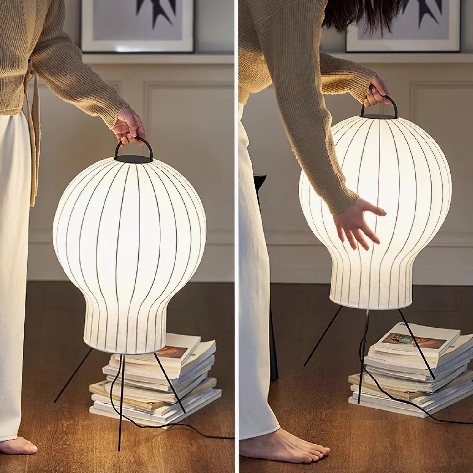 Portable silk lantern floor lamp with carrying handle on tripod stand in living room