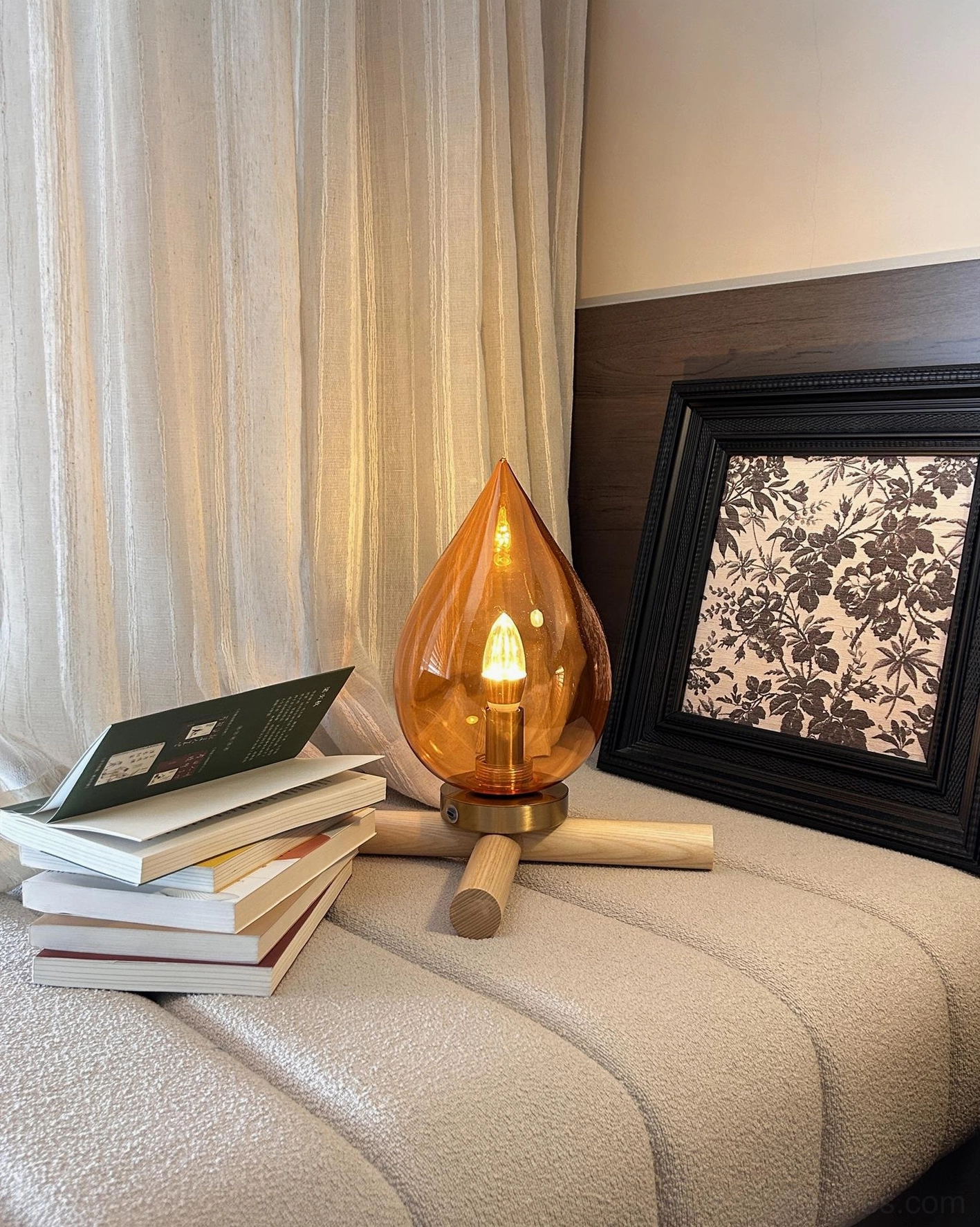 Portable rechargeable table lamp, mid-century modern sculptural base design