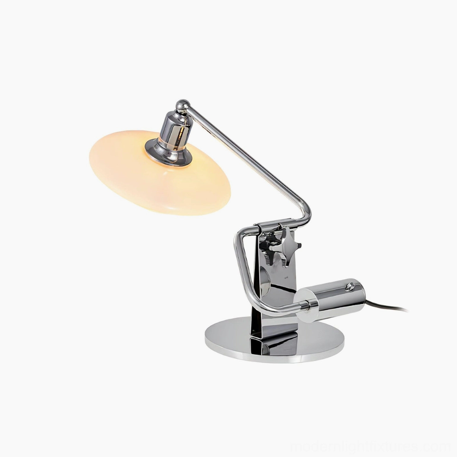 Poul chrome desk lamp with frosted white glass shade right three-quarter angle modern study