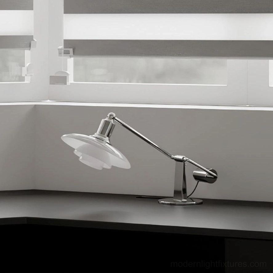 Poul modern table lamp full product display with chrome base and polished finish