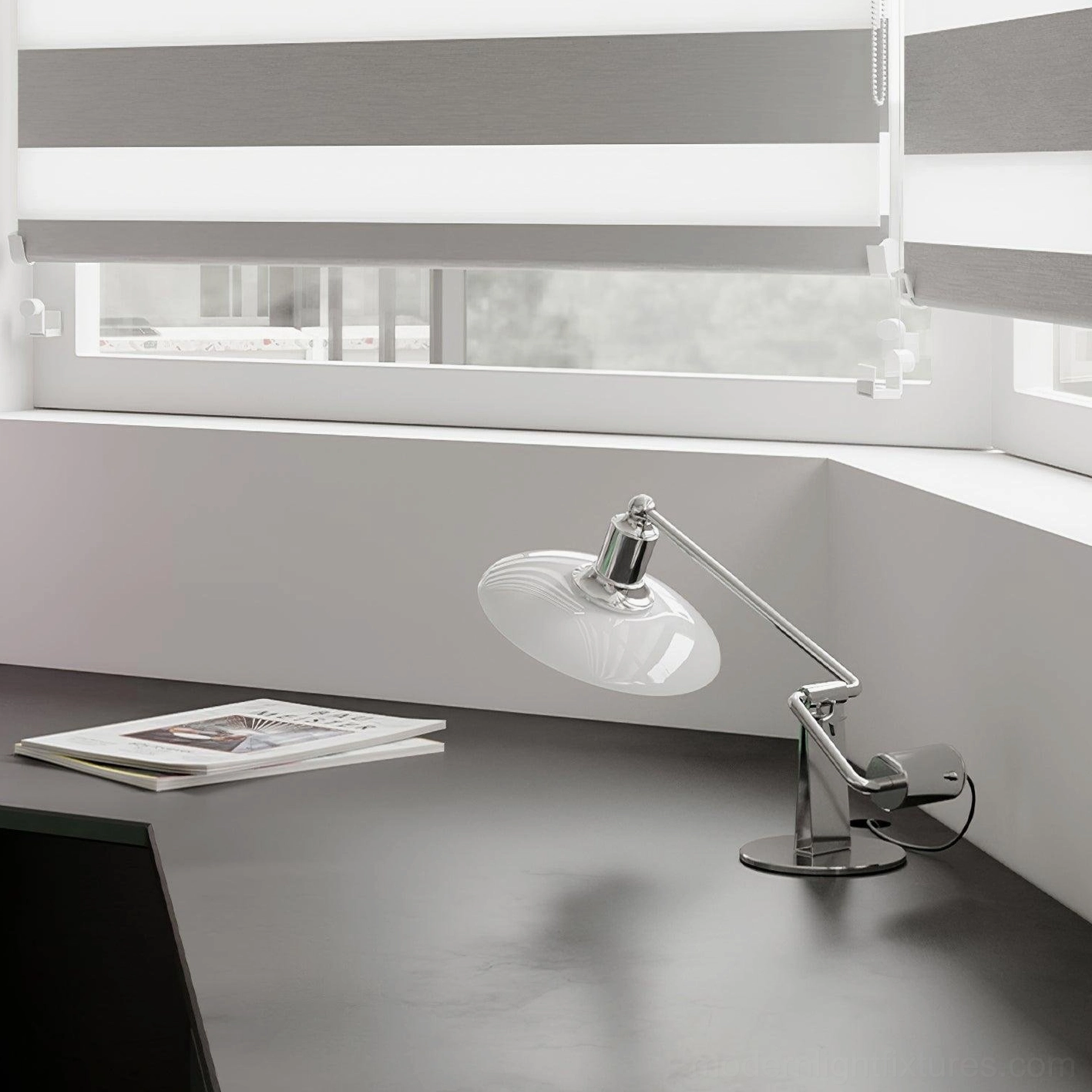 Poul modern desk lamp with frosted white glass shade in bright home office near window