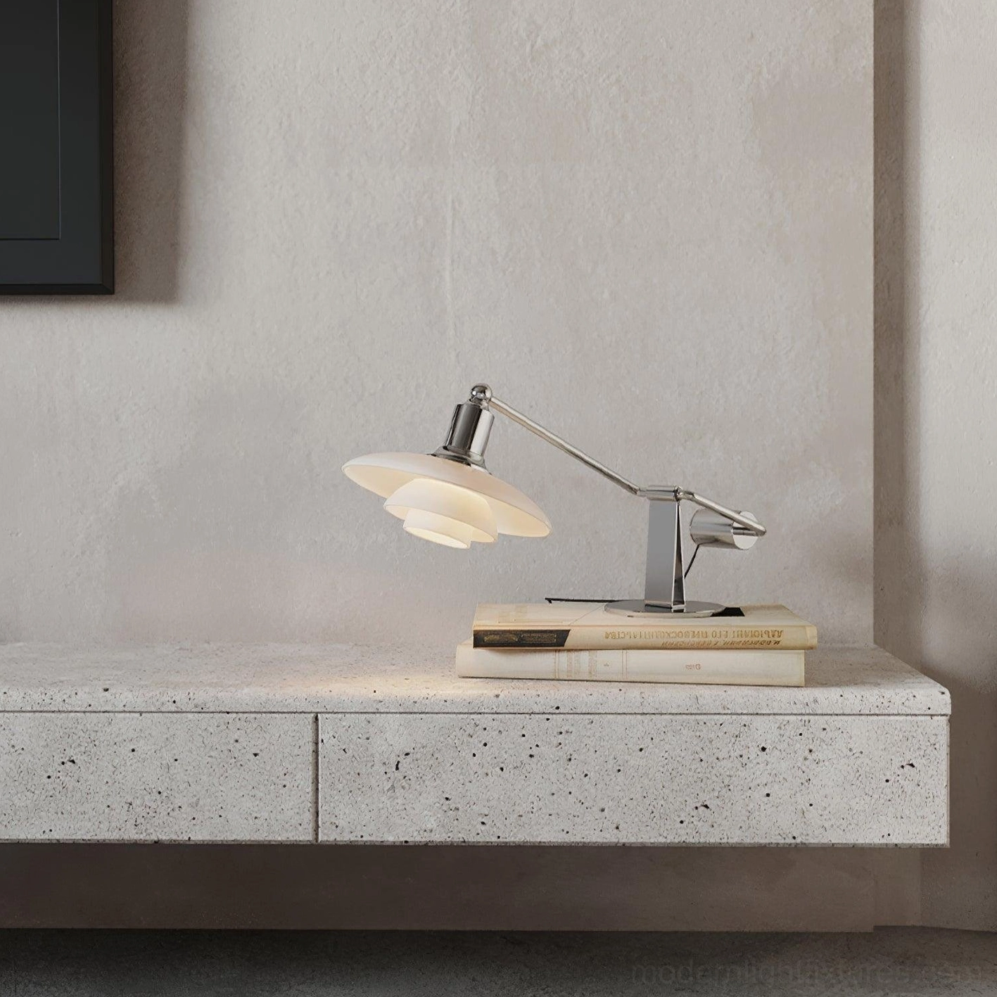 Poul modern office table lamp with layered glass shade close-up product photography