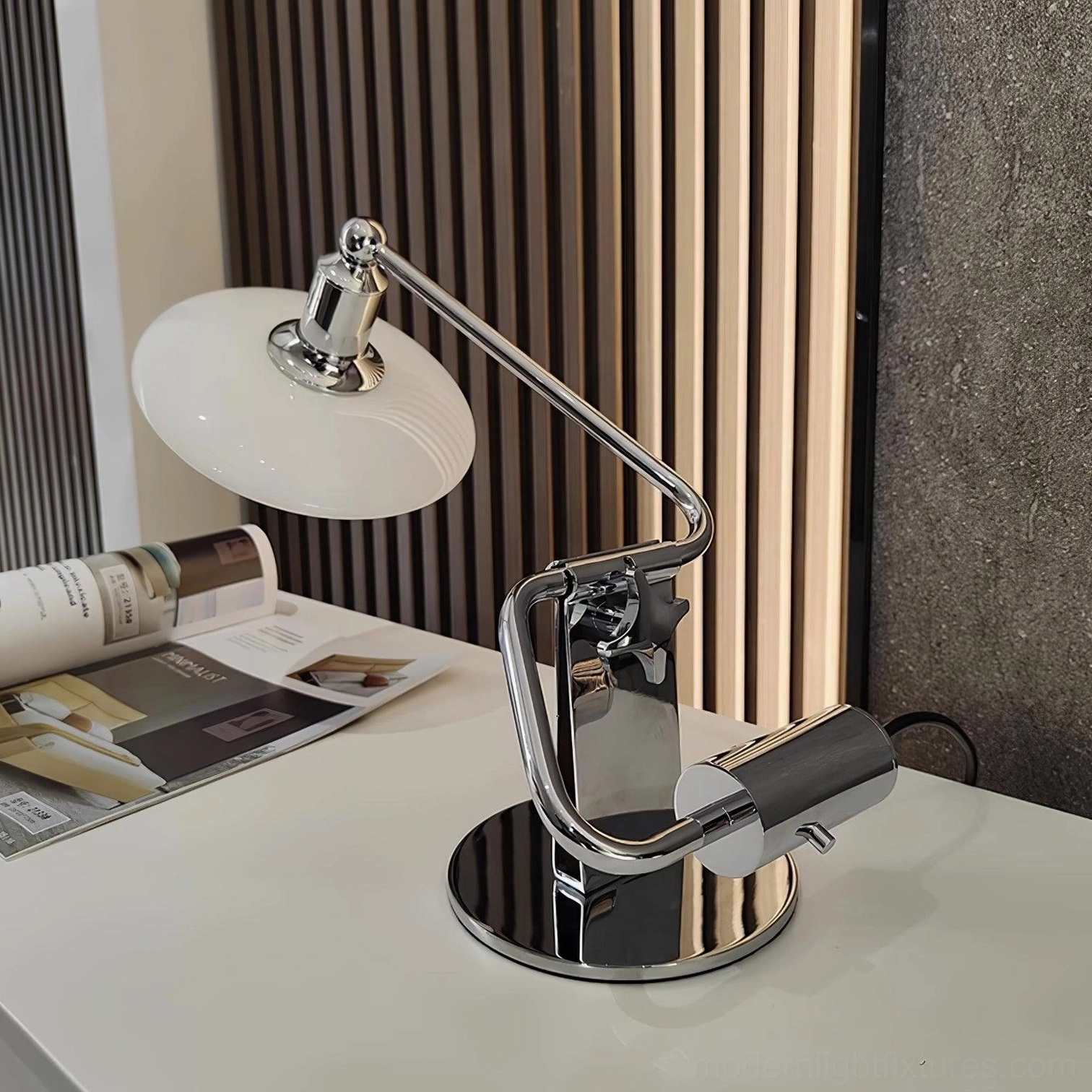 Poul modern table lamp front three-quarter view showing flat round white glass shade design