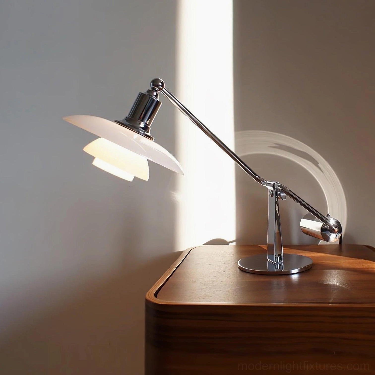Contemporary Poul table lamp with frosted glass shade positioned on wooden nightstand creating warm ambient lighting