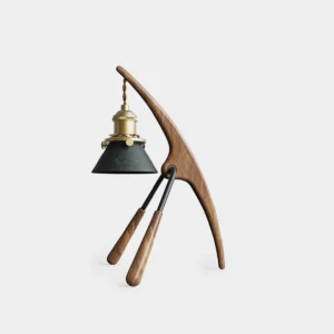 Praying mantis sculptural candle warmer lamp in black walnut wood with brass accents, front three-quarter studio view
