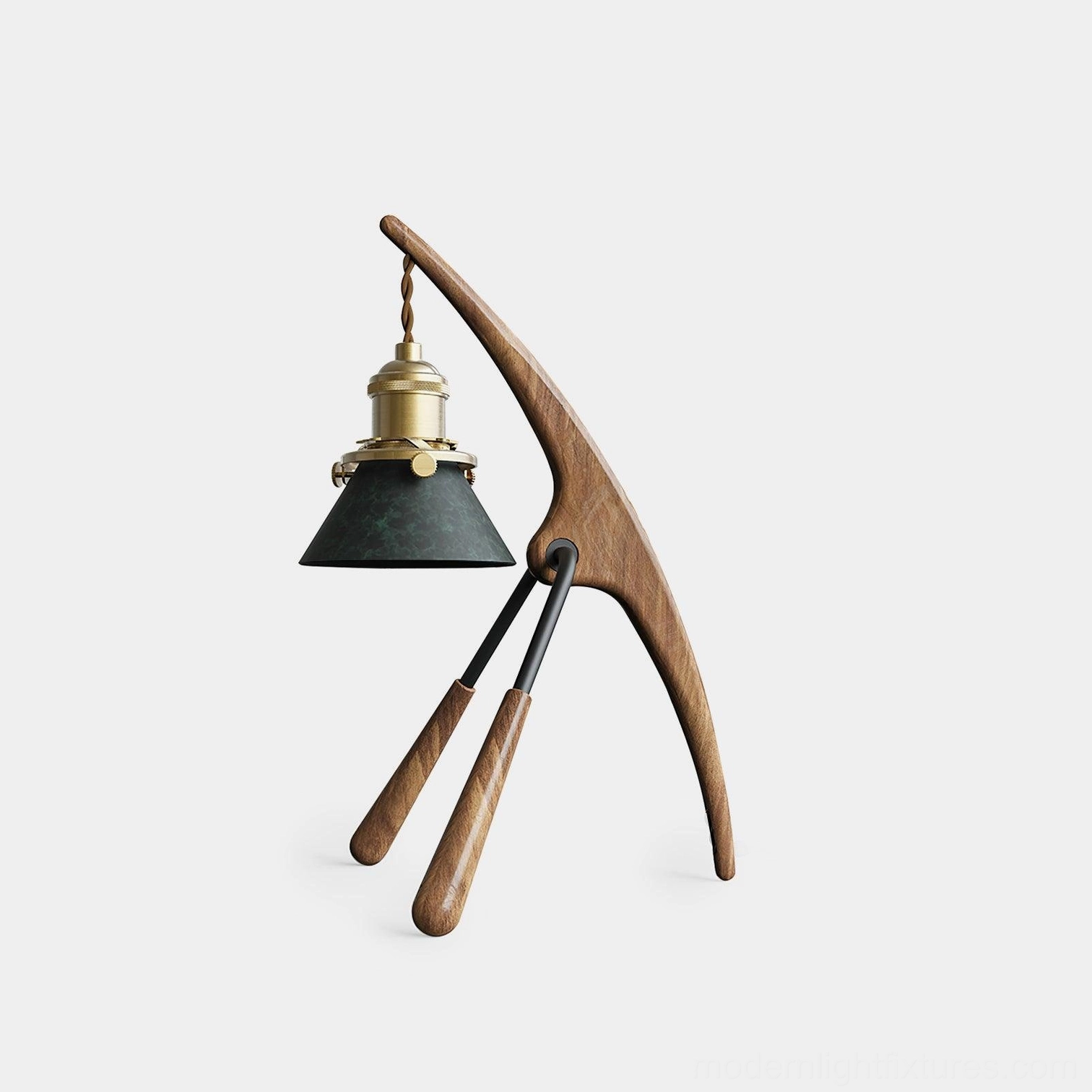 Praying mantis sculptural candle warmer lamp in black walnut wood with brass accents, front three-quarter studio view