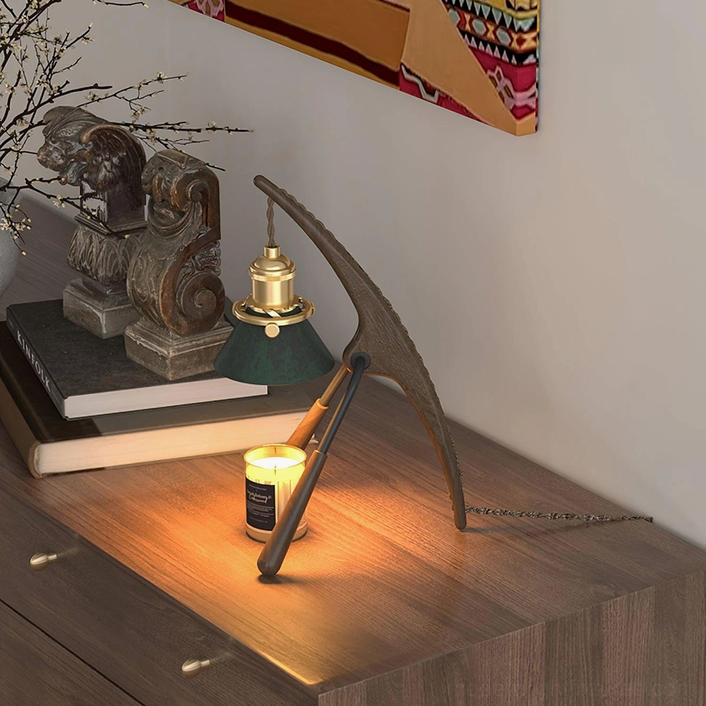 Praying mantis candle warmer lamp retro rustic design, black walnut and brass mixed materials