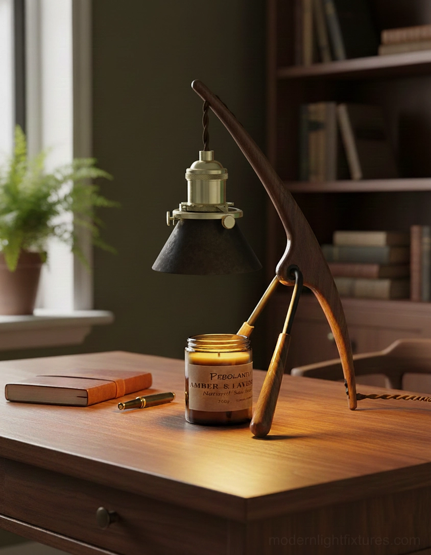 Praying mantis warmer lamp on home study wooden desk with scented candles, books and workspace decor
