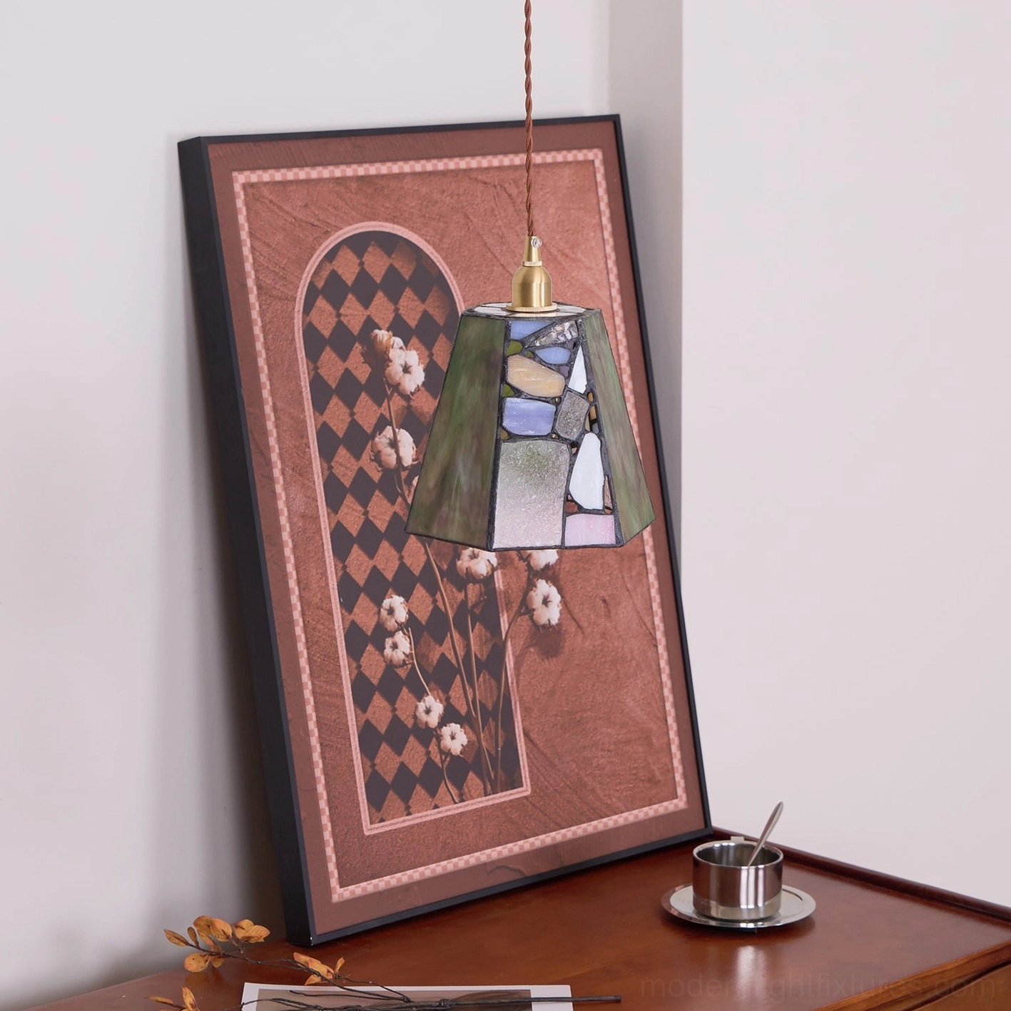 Premium stained glass pendant light with brass finish hardware and artisan glass craftsmanship