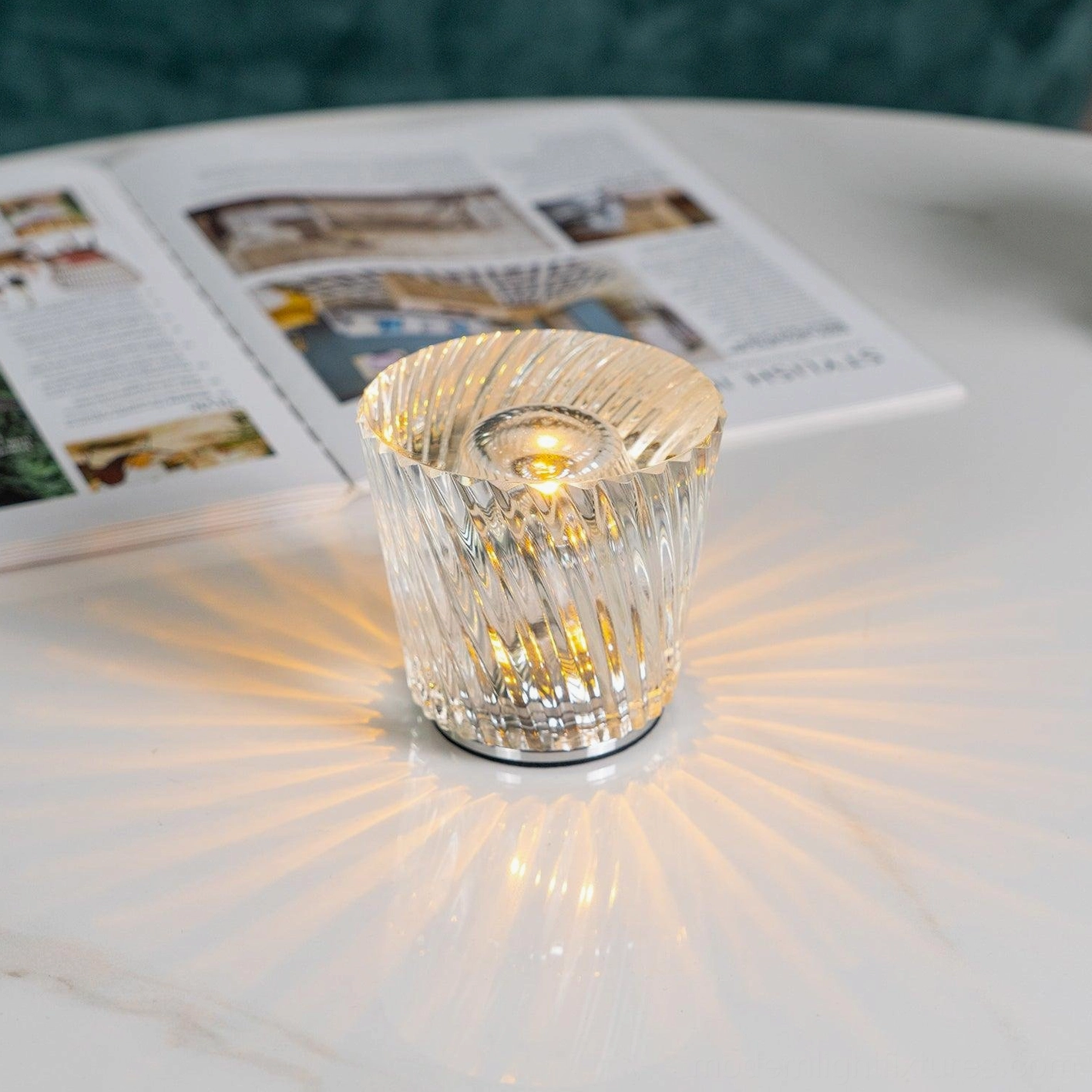 Premium cordless crystal diamond table lamp, hand-cut faceted clear crystal design with metal base, front studio view